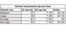 German army tropical camo boonie hat size chart showing EU, US cap sizes and corresponding head inches measurements.