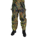 Original German army Flecktarn camouflage GoreTex bib and brace rain trousers with adjustable straps and durable waterproof fabric
