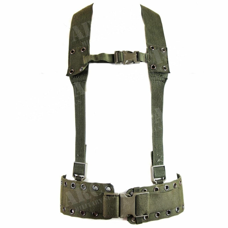 Original German army canvas webbing rig system with tactical belt and adjustable Y-strap harness in olive drab color.
