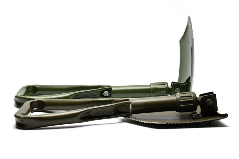 Original German BW Army folding shovel in green, compact and durable for outdoor survival and camping use.