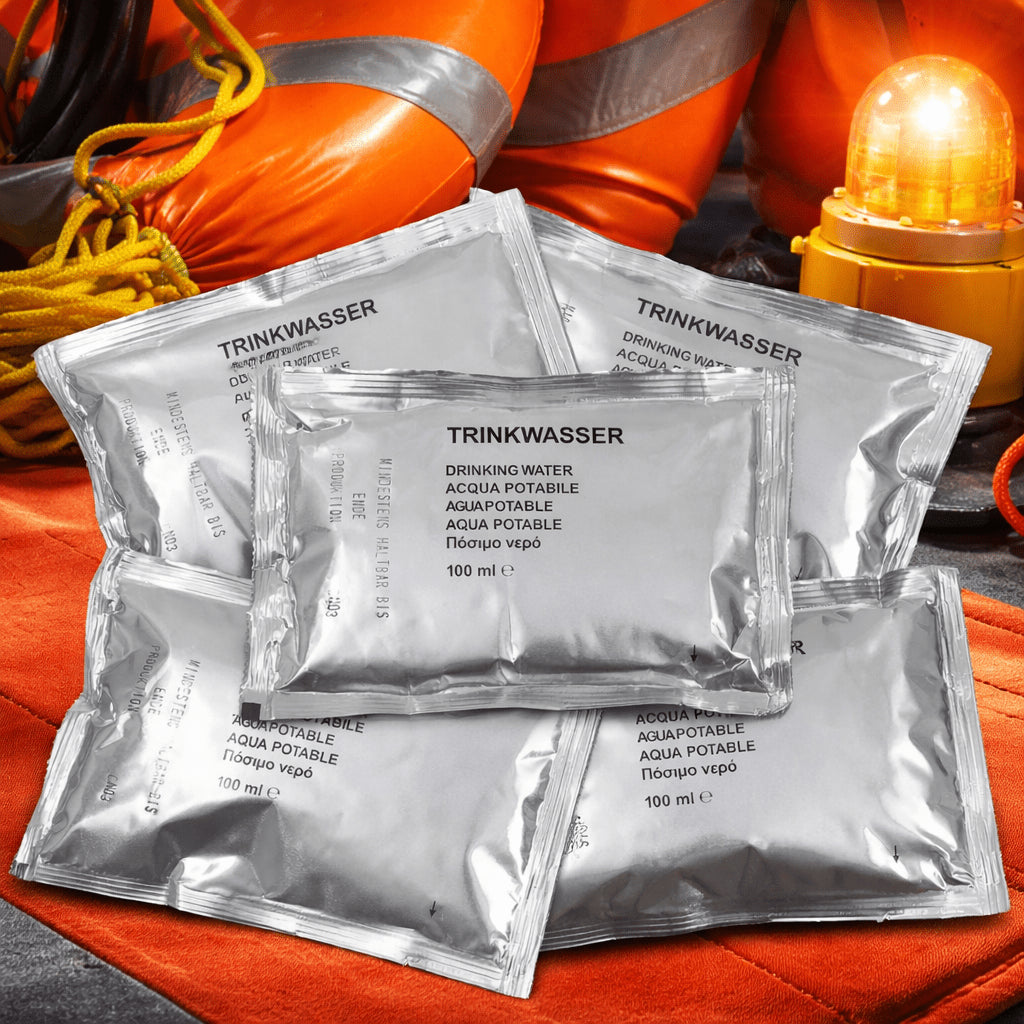 Agua potable de emergencia militar alemana original, 5 x 100 ml, larga vida útil