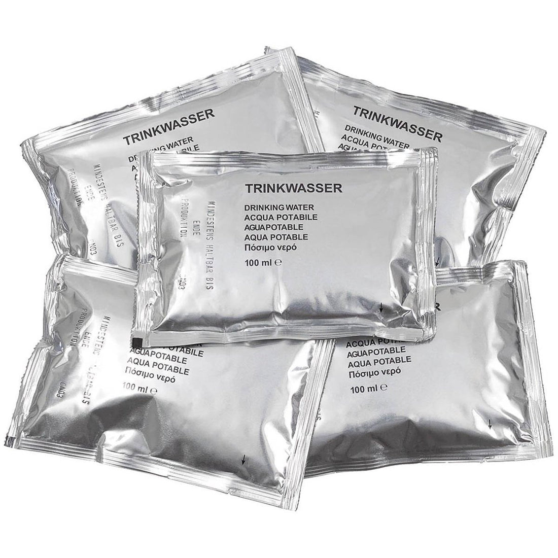 Agua potable de emergencia militar alemana original, 5 x 100 ml, larga vida útil