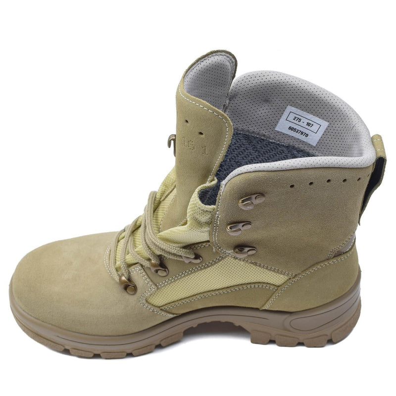 Khaki German military tactical boot with rubber sole, lace closure, breathable lining, and lightweight design for outdoor use