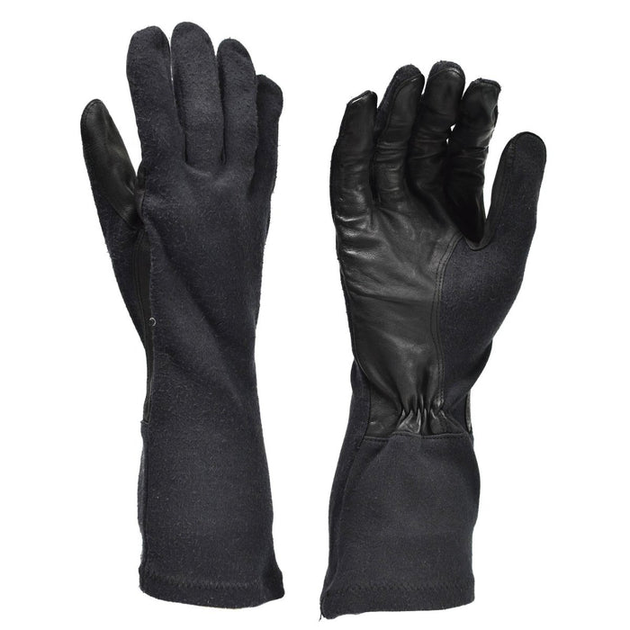 Guantes tácticos originales del ejército alemán de aramida negra resistentes al calor con palmas de cuero y protección extendida del antebrazo.