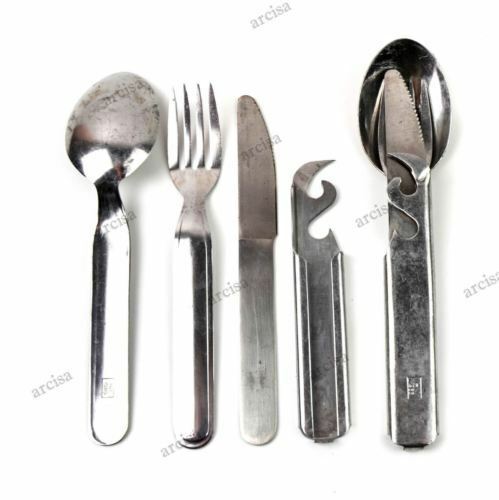 Original cubertería militar húngara de 4 piezas con cuchara, tenedor, cuchillo y abrelatas en acero inoxidable para uso exterior.