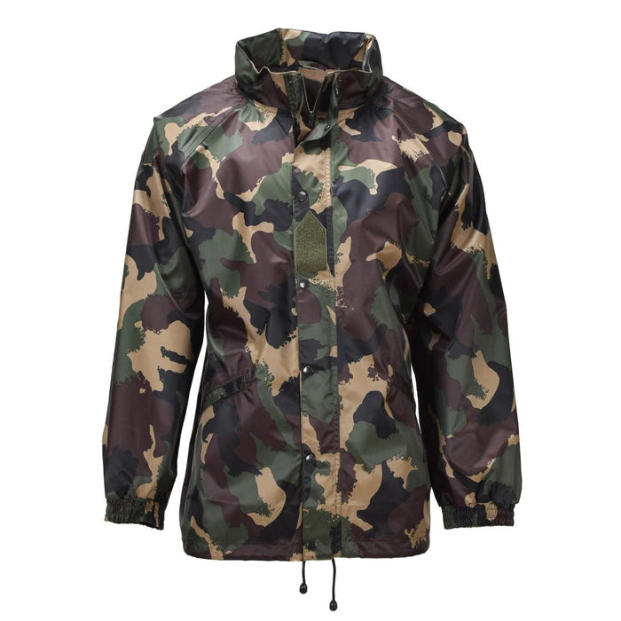 Chaqueta impermeable militar húngara original con capucha enrollable y solapa con botones M93 Camo en un duradero estilo de equipo de camping excedente militar