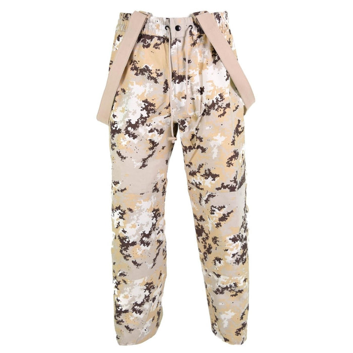 Pantalones impermeables originales de camuflaje del desierto de las Fuerzas Aéreas Italianas con tirantes ajustables y tejido de poliamida duradero.