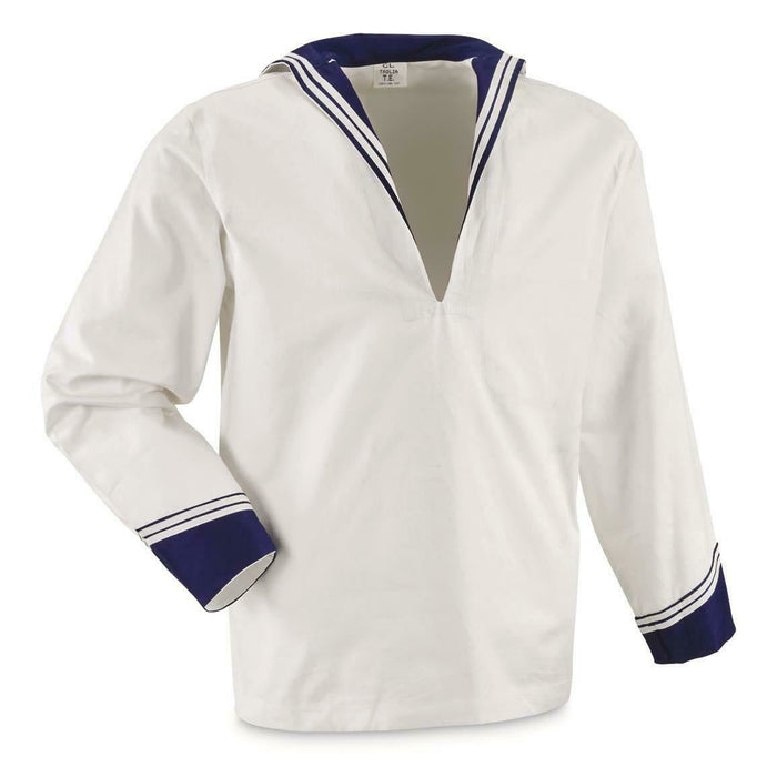 Camisa middy blanca italiana azul marino con manga larga y detalle de cuello marinero tradicional en azul marino