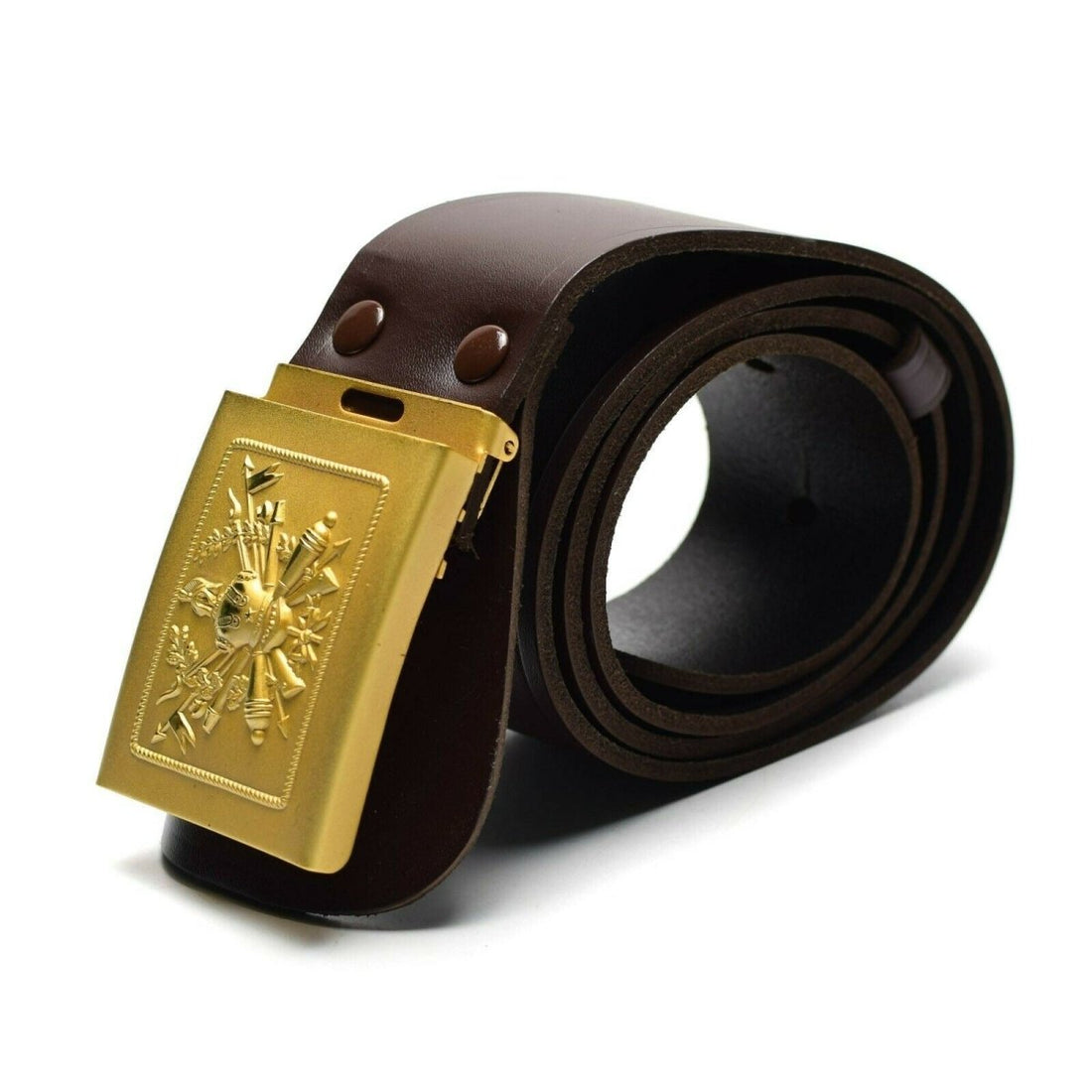 Cinturón De Desfile Original Del Ejército Italiano Cuero Hebilla Dorada Ceremonial Marrón
