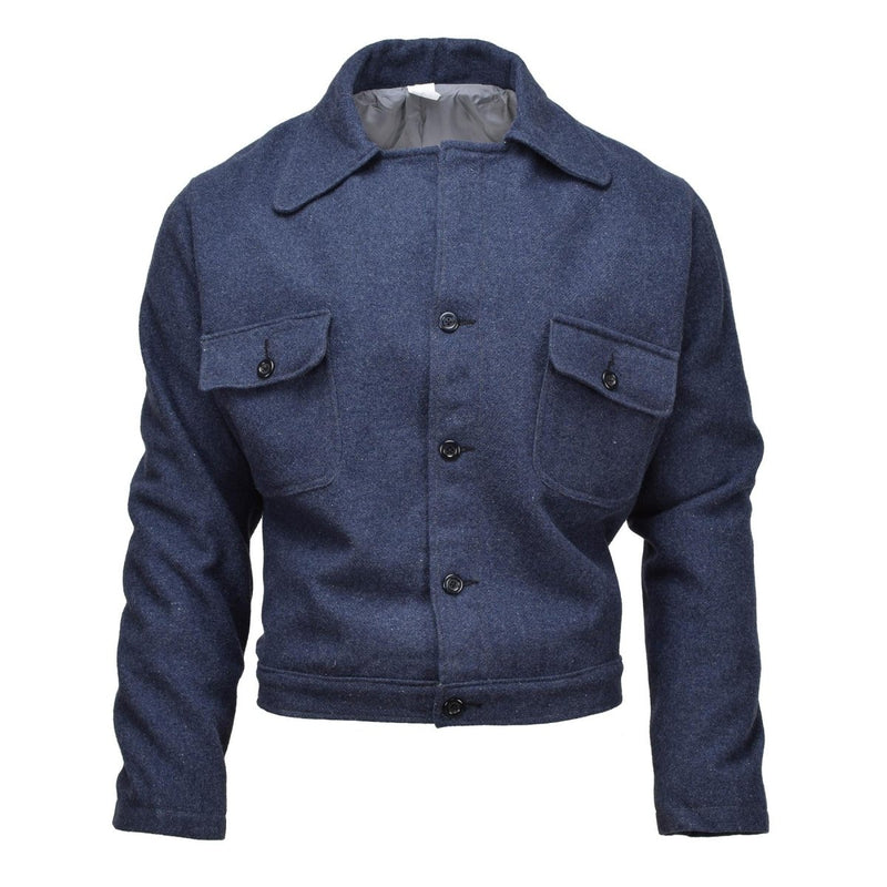 Original Italian army vintage Ike-style blue wool jacket with buttoned pockets and tailored fit uniform design