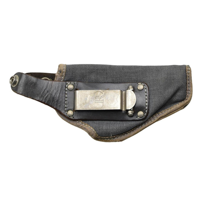 Gray original Italian military nylon pistol holster with snap button closure and metal belt clip.