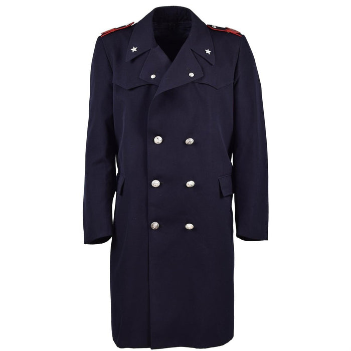 Gabardina vintage original de la Policía Militar Italiana con botones plateados y charreteras rojas, abrigo largo de carabinieri azul marino.