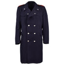 Vintage original Italian Military Police trench coat with silver buttons and red epaulettes, navy blue long carabinieri coat.
