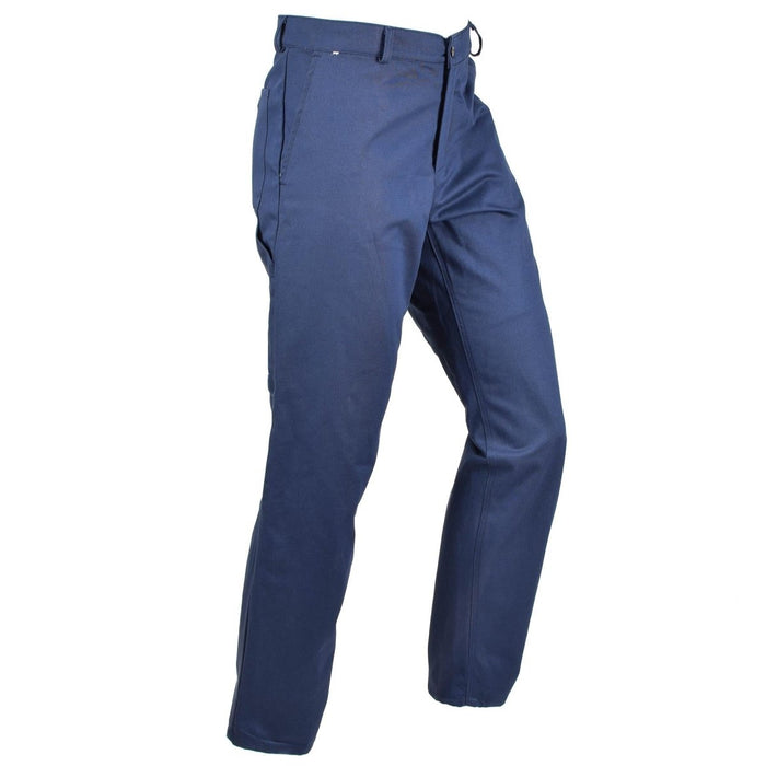 Pantalón de trabajo militar italiano azul hecho de algodón duradero con bolsillos funcionales y construcción robusta.