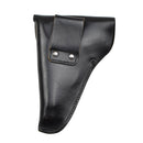 Black leather military-style pistol holster designed for secure Beretta belt carrying and easy firearm access.