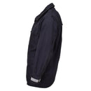 Side view of original black military Dutch waterproof rain jacket with reflective cuff detail, unlined and lightweight parka