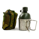 Original Netherlands Dutch Army canteen set with olive green flask, metal cup with folding handle, and camouflage pouch with Alice clips.