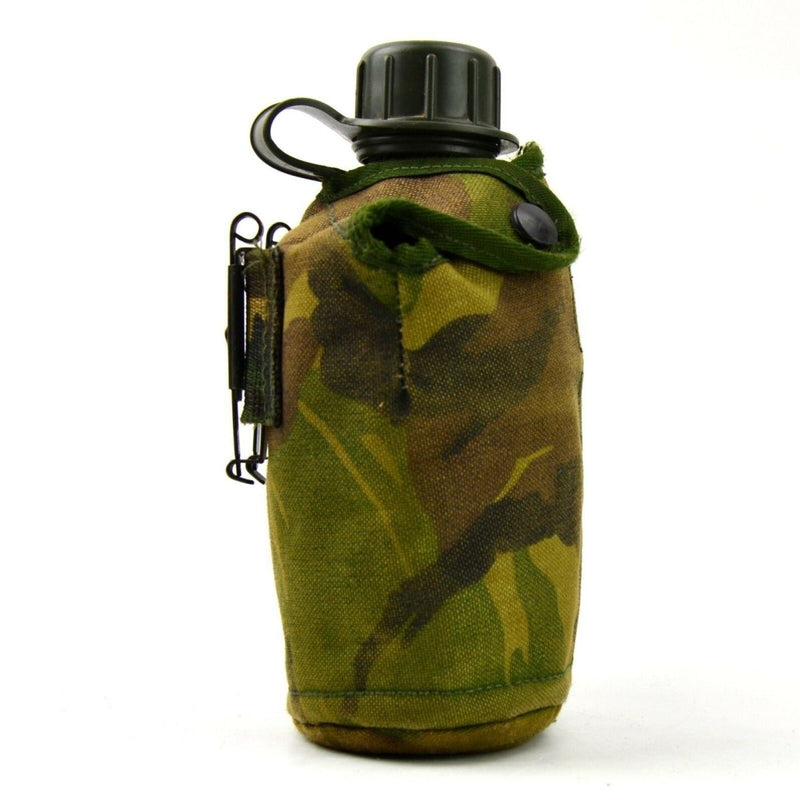 Original Netherlands Dutch Army canteen in camouflage pouch with black screw cap and attached Alice clips for military use.