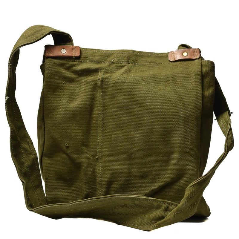 Original Romanian army green canvas shoulder bag with leather details, rugged military surplus design for everyday use.
