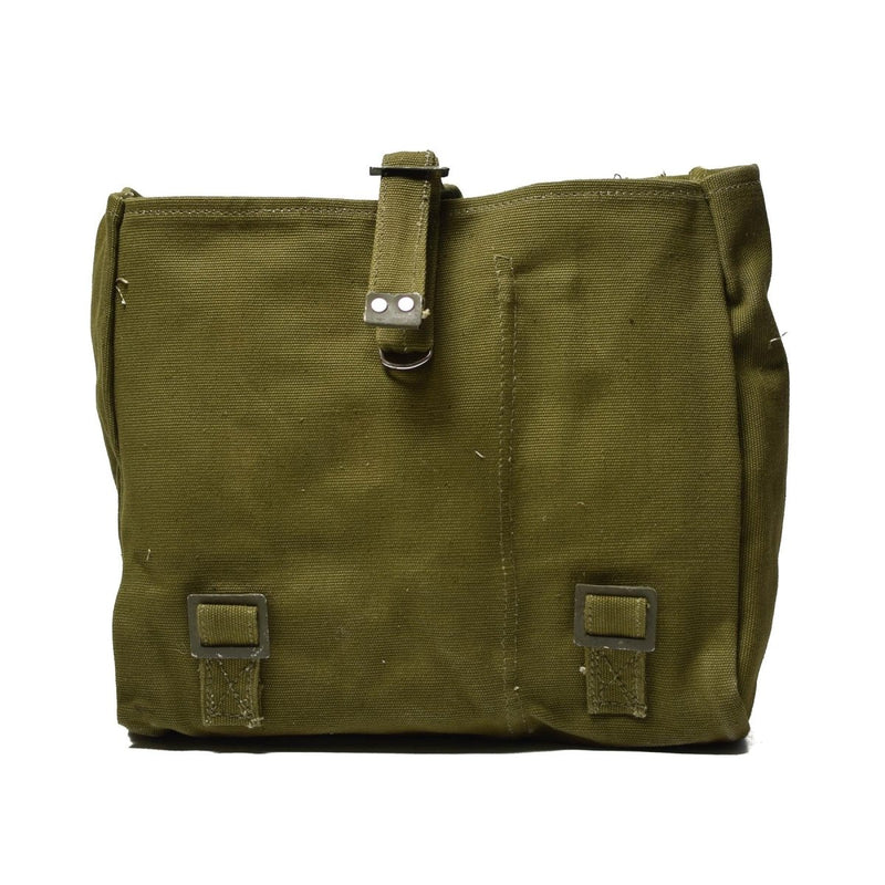 Original Romanian army carrying bag in green cotton with sturdy shoulder strap and military surplus design.