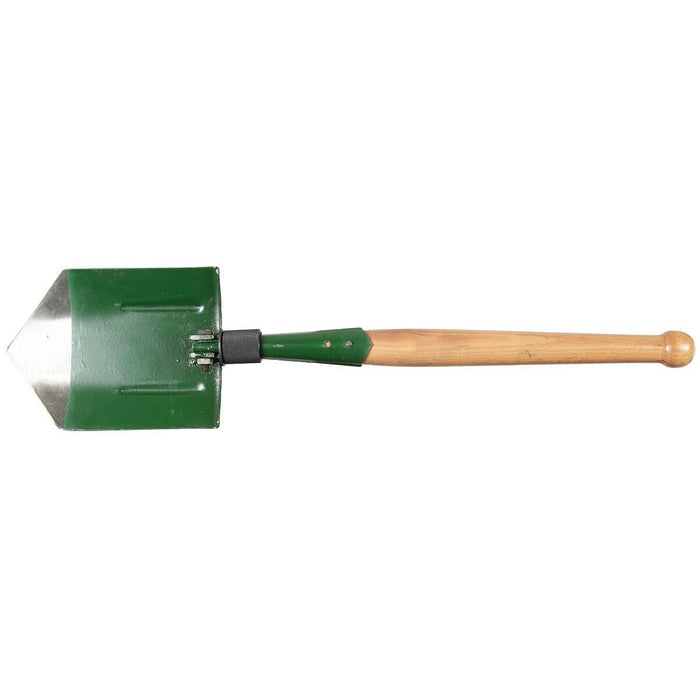 Pala plegable original del ejército rumano con hoja verde y mango de madera, excedente militar, diseño duradero y compacto.