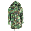 Serbian army parka in woodland camouflage with hood, multiple pockets, durable ripstop fabric, and removable fleece liner.