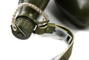 Close-up of an olive-green Swedish army water bottle with attached webbing belt for outdoor use.