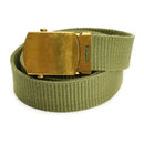 Original Swedish army khaki green canvas belt with durable gold-toned military buckle, adjustable for various waist sizes.