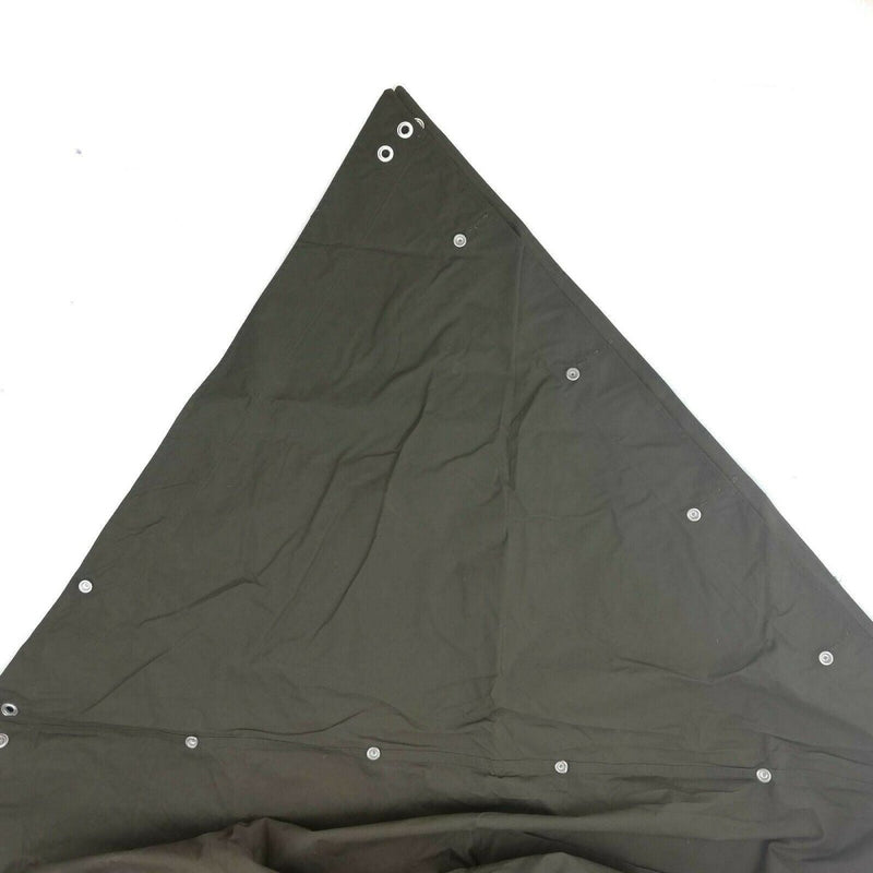 Olive green Swedish army shelter half poncho made of durable water-resistant material with metal grommets for versatile use