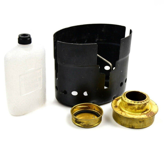 Estufa de camping con quemador de alcohol Trangia SVEA original del ejército sueco con quemador de latón, base de estufa y kit de botella de combustible de plástico