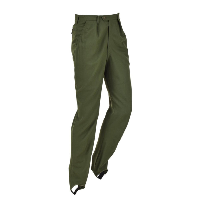 Pantalones formales originales suecos de color verde militar con frente plisado y diseño de estribo para mayor durabilidad y estilo.