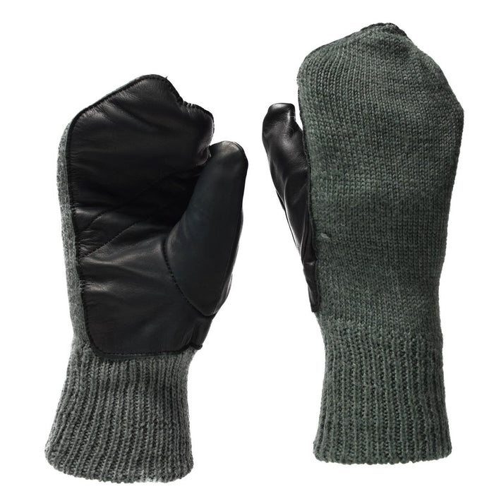 Manoplas originales de lana gris militar suiza con palmas de cuero negro duradero para brindar calidez y agarre en climas fríos.