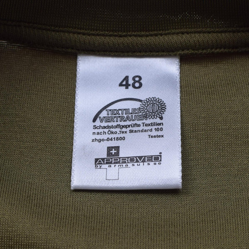 Close-up of size 48 label on khaki Original Swiss Army quick dry breathable sportswear T-shirt tag