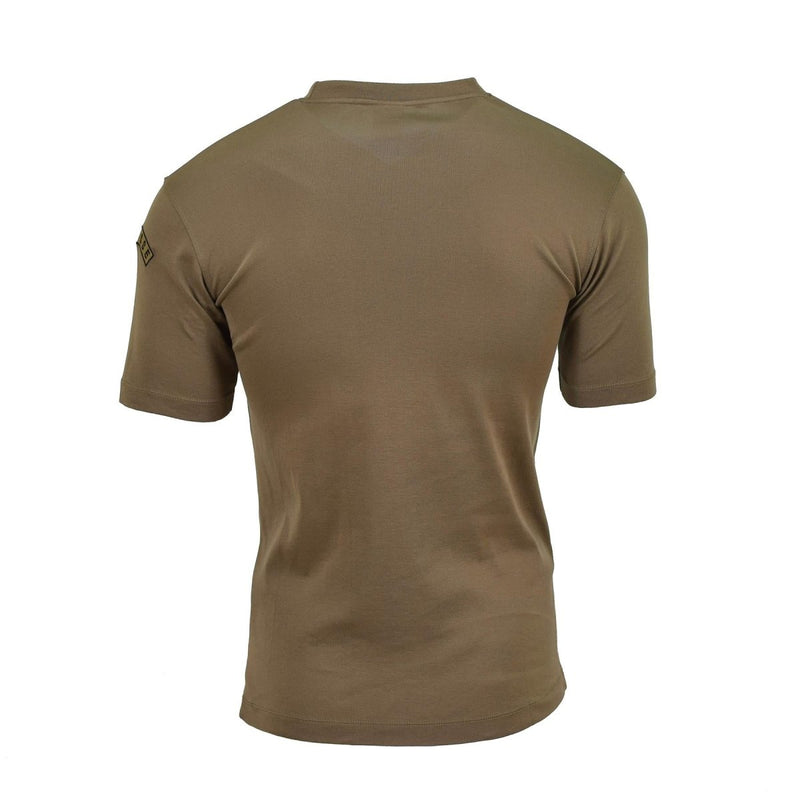 Back view of original Swiss Army khaki quick dry breathable sportswear t-shirt for outdoor activities