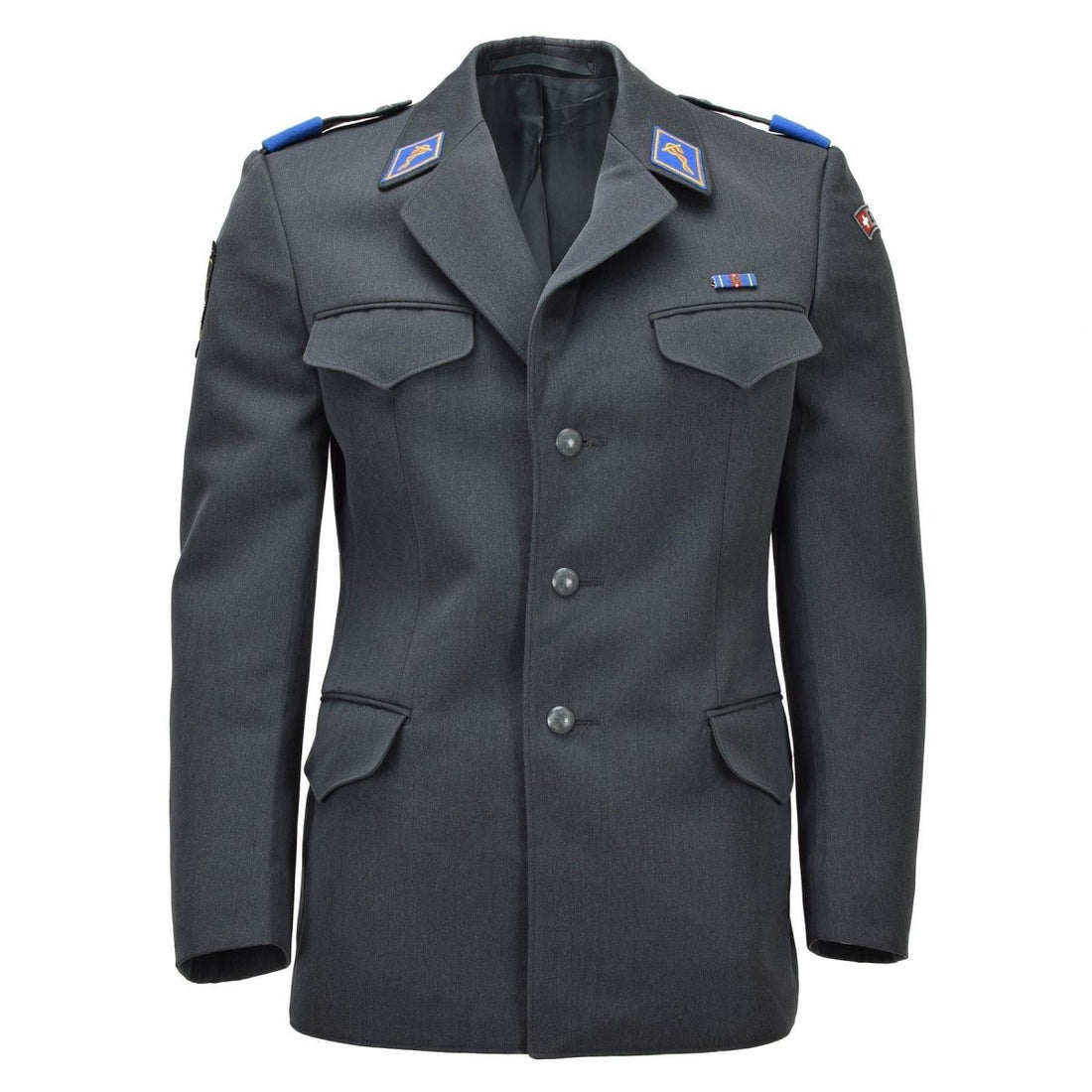 Chaqueta formal militar suiza original Diseño vintage de 4 bolsillos Gris oscuro
