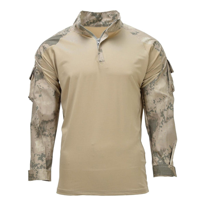 Camisa de combate táctica militar turca original con torso transpirable color canela y mangas largas de camuflaje, cuello con cremallera y bolsillos en los brazos.