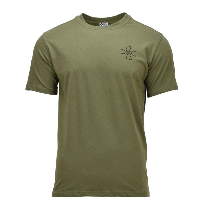 Camiseta militar de manga corta de color verde oliva con emblema Tryzub de las Fuerzas Armadas de Ucrania en el pecho, tejido de mezcla de algodón transpirable