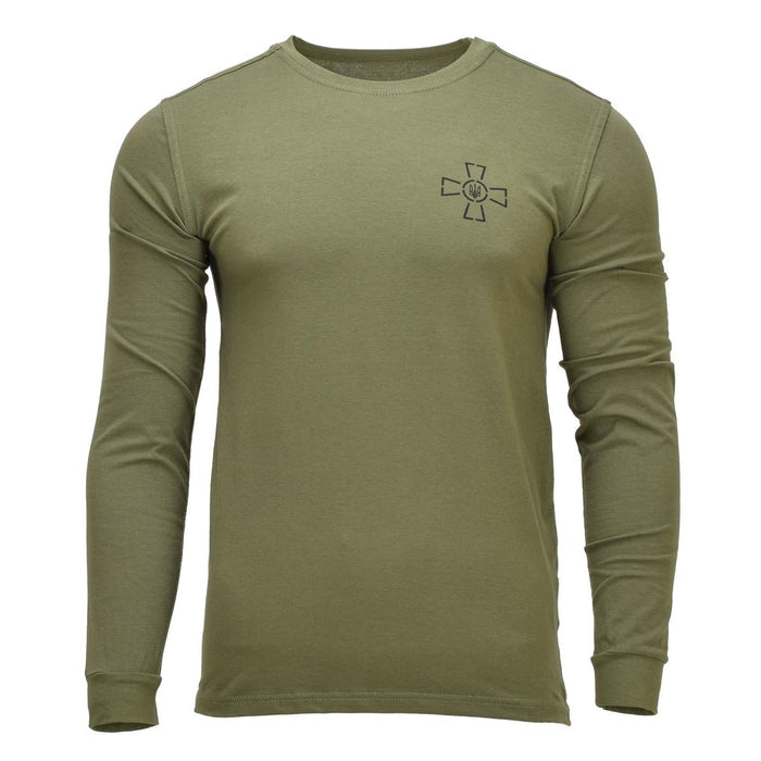 Camiseta interior militar ucraniana original de manga larga en verde oliva con emblema Tryzub en el pecho, ajuste cómodo y duradero