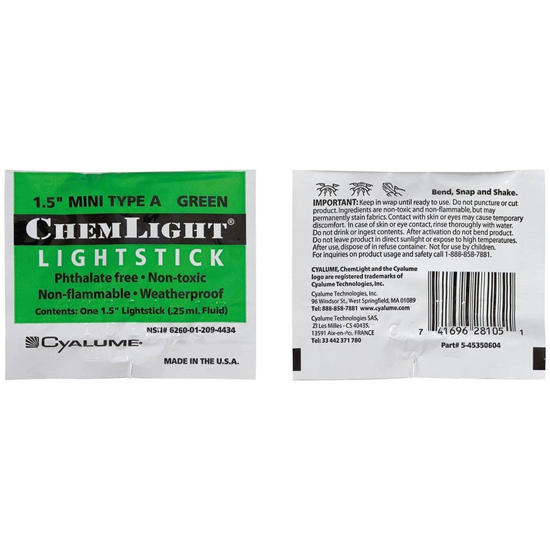 ChemLight lightstick packaging with green label and white background