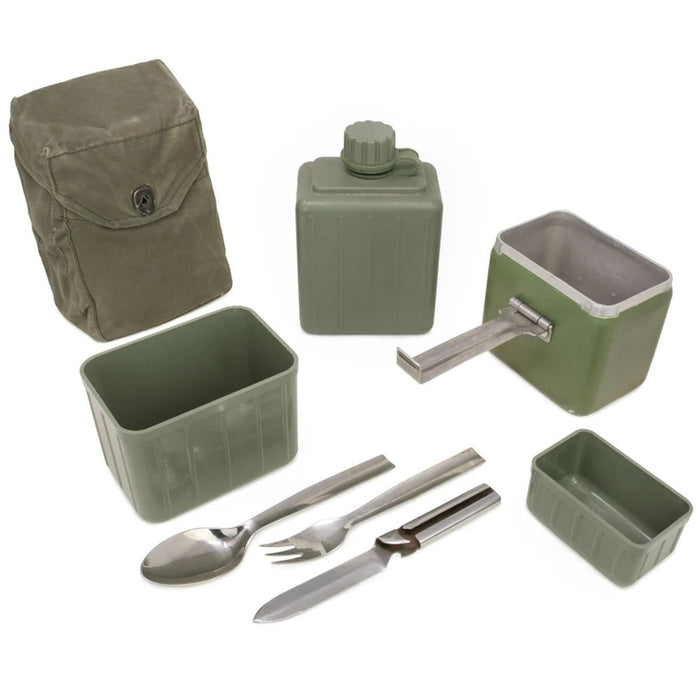 Kit de comedor militar yugoslavo original con cantimplora, olla, utensilios y bolsa de transporte para uso al aire libre y de supervivencia.