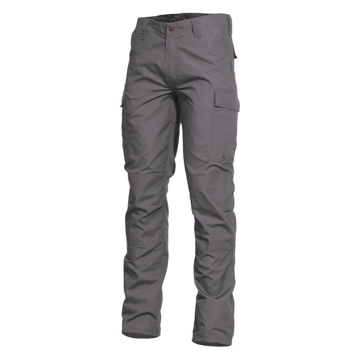 Pantalones de combate cargo Pentagon BDU 2.0 grises con rodillas reforzadas, bragueta con cremallera, múltiples bolsillos y tejido ripstop duradero.