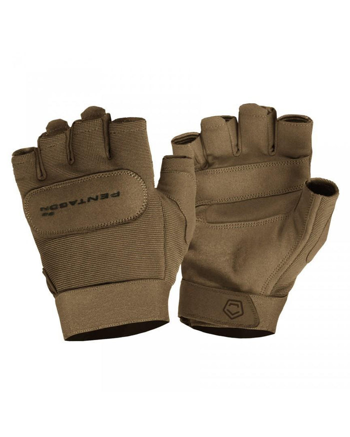 Guantes marrones Pentagon Duty Mechanic 1/2 sin dedos con tejido transpirable y puño elástico para mayor destreza y comodidad.