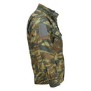Side view of Pentagon Lycos water-repellent military jacket in Greek army lizard camo with reinforced elbows and patches
