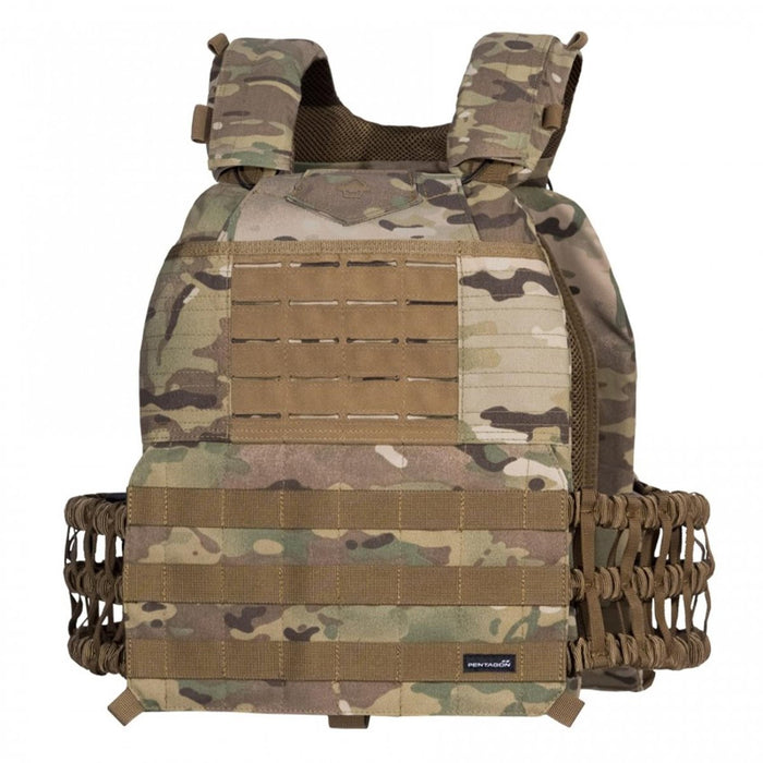 Chaleco balístico táctico Pentagon Milon Plate Carrier Mk2 en Multicam con sistema MOLLE y correas ajustables.