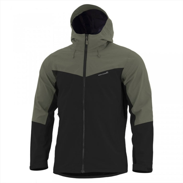 Chaqueta softshell ligera Pentagon Monlite WP en color oliva y negro, impermeable y cortavientos con capucha para uso en exteriores