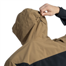 Close-up of tan and black Pentagon Monlite WP softshell jacket hood being adjusted, lightweight waterproof windproof shell