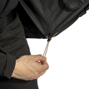 Close-up of hand adjusting drawstring on black Pentagon Monlite WP lightweight waterproof softshell jacket