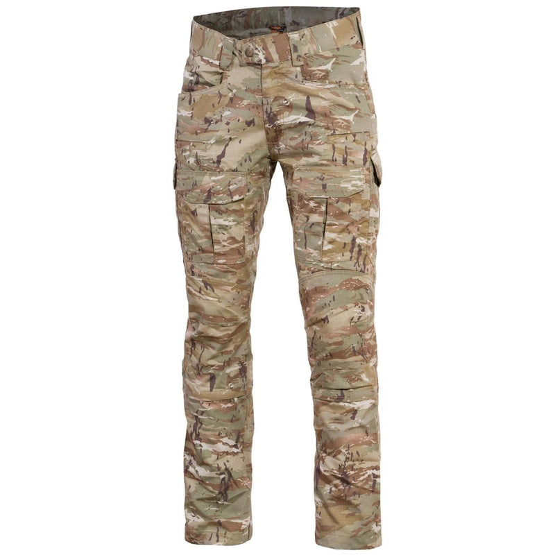 Pentagon Ranger 2.0 military style lizard camo pants with reinforced ripstop fabric and multiple cargo pockets for durability.