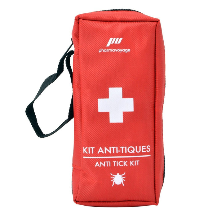 Kit antigarrapatas rojo con cruz blanca y texto sobre fondo blanco