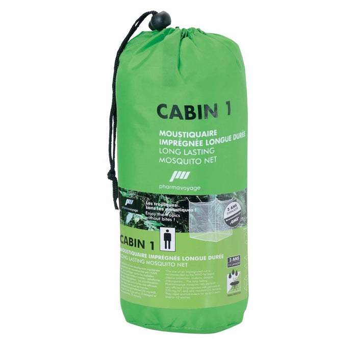 Embalaje de mosquitera verde con la marca 'Cabin 1' sobre un fondo blanco.